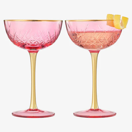 Vintage Art Deco Coupe for Champagne, Martini, Cocktails| Set of 2 | 7 oz (Pink)