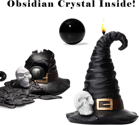 Halloween Decorations - Skeleton Witch & Wizard Hat Candle with Obsidian Crystal