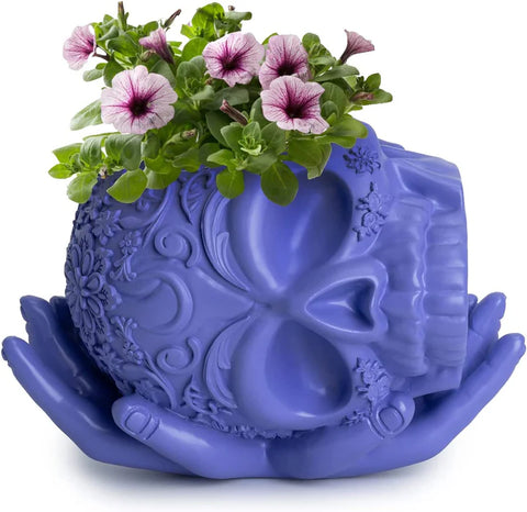 Skull Halloween Candy Bowl, Plant Planter Pot with Hand (Purple)