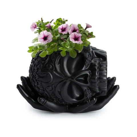 Skull Halloween Candy Bowl, Plant Planter Pot with Hand (Black)