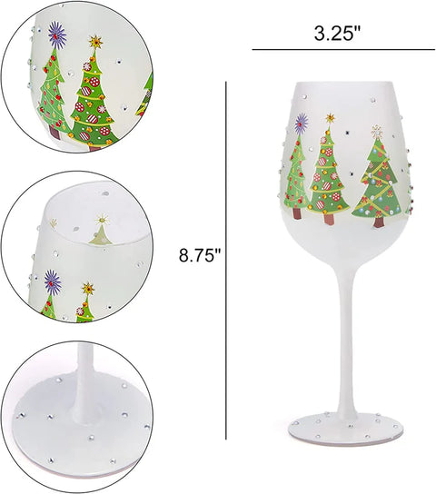 Set of 2 Stemmed Christmas Tree Design Wine Glasses - Hand Painted 14 oz