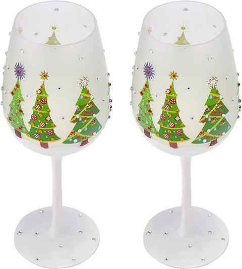 Set of 2 Stemmed Christmas Tree Design Wine Glasses - Hand Painted 14 oz