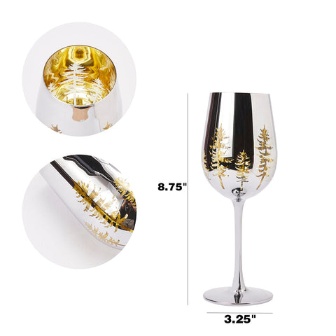 Crystal Christmas Tree Stemmed Wine & Water Glasses - Set of 2 Holiday Themed Vibrant Gold
