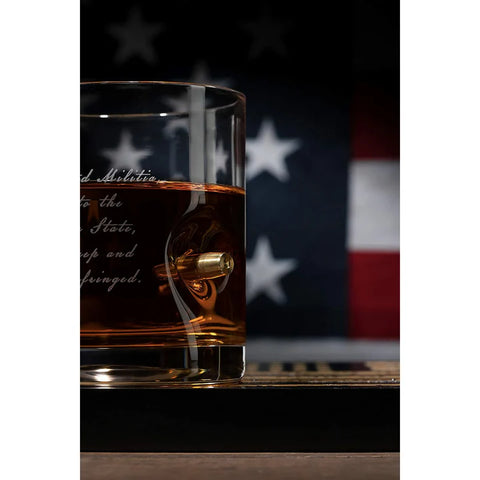 2nd Amendment American Flag Bullet Glasses: .308 Real Solid Copper Projectile, Set of 4 Hand Blown Old Fashioned Whiskey Rocks Glasses with Wood Flag Tray - Patriots' Gun Rights Law & Military Gift Set