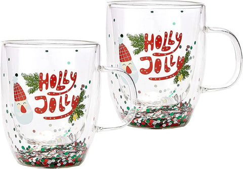 Set of 2 Holly Jolly Christmas Design Tumbler Mugs - Confetti Filled 9.5 oz