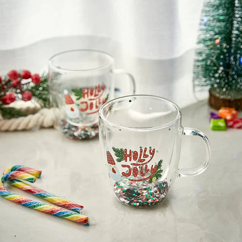 Set of 2 Holly Jolly Christmas Design Tumbler Mugs - Confetti Filled 9.5 oz