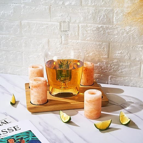 Tequila Decanter With Four Pink Himalayan Salt Shot Glasses Set