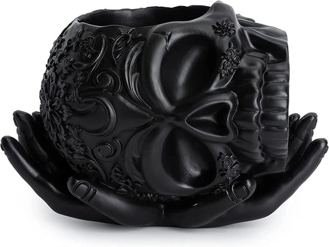 Skull Halloween Candy Bowl, Plant Planter Pot with Hand (Black)