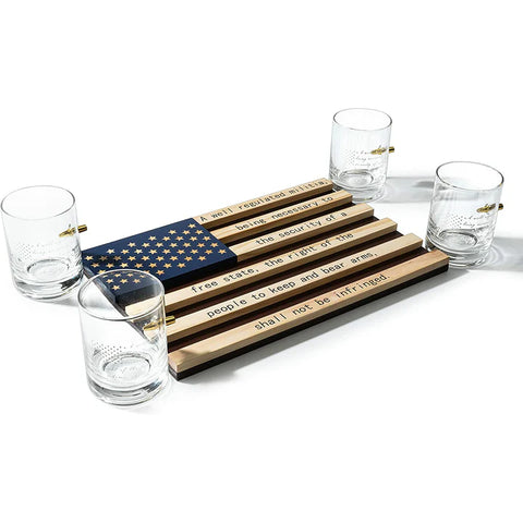 2nd Amendment American Flag Bullet Glasses: .308 Real Solid Copper Projectile, Set of 4 Hand Blown Old Fashioned Whiskey Rocks Glasses with Wood Flag Tray - Patriots' Gun Rights Law & Military Gift Set