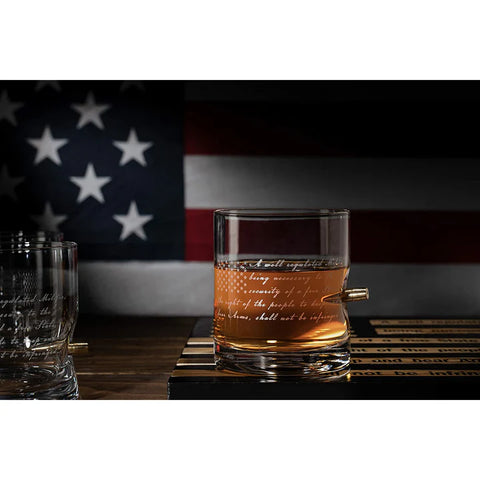 2nd Amendment American Flag Bullet Glasses: .308 Real Solid Copper Projectile, Set of 4 Hand Blown Old Fashioned Whiskey Rocks Glasses with Wood Flag Tray - Patriots' Gun Rights Law & Military Gift Set