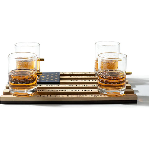 2nd Amendment American Flag Bullet Glasses: .308 Real Solid Copper Projectile, Set of 4 Hand Blown Old Fashioned Whiskey Rocks Glasses with Wood Flag Tray - Patriots' Gun Rights Law & Military Gift Set