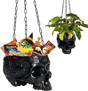 Skeleton Hanging Skull Plant Planter Pot Black