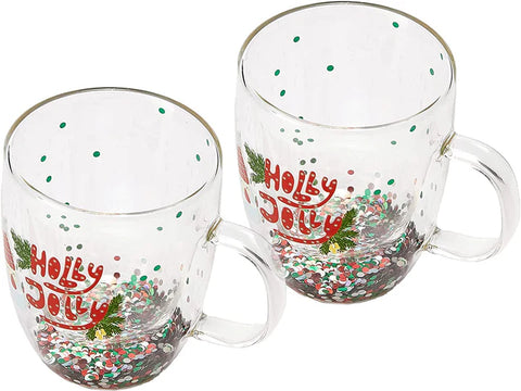 Set of 2 Holly Jolly Christmas Design Tumbler Mugs - Confetti Filled 9.5 oz