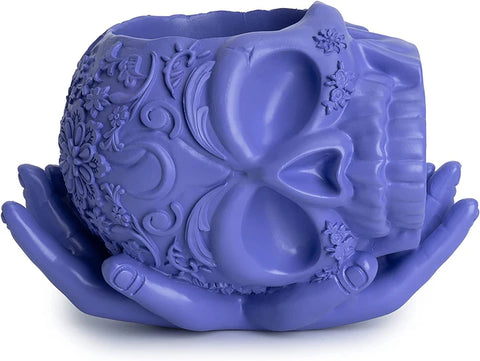 Skull Halloween Candy Bowl, Plant Planter Pot with Hand (Purple)