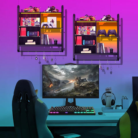 LED Floating Wall Shelf – Adjustable Glass Shelves, Hooks & RGB Lighting for Game Room