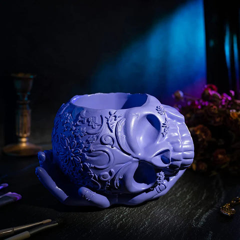 Skull Halloween Candy Bowl, Plant Planter Pot with Hand (Purple)