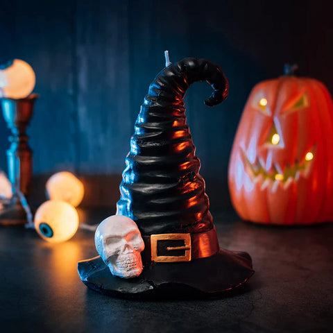 Halloween Decorations - Skeleton Witch & Wizard Hat Candle with Obsidian Crystal