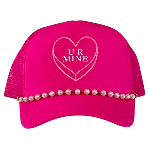 Ur Mine You're Mine Valentine’s Day Love Printed SnapBack Mesh Trucker Hat with Pearl Chain