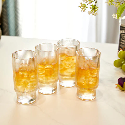 Vintage Art Deco Crystal Highball Ribbed Glass Set of 4