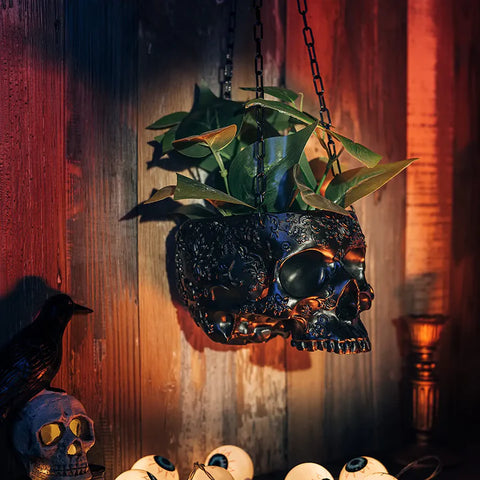black skull plant pot Skeleton Hanging Skull Plant Planter Pot Black - with Metal Chain & Hook