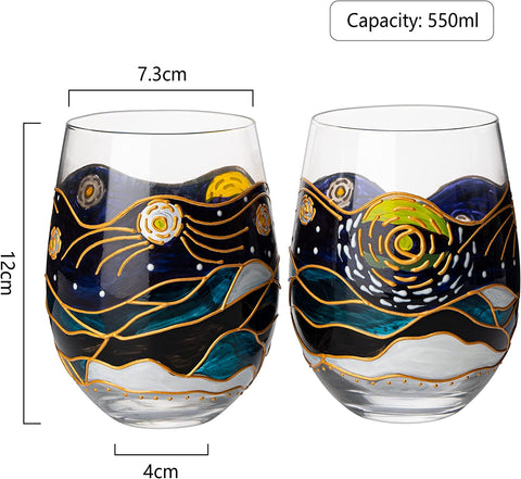Vincent Van Gogh Wine Glasses Artisanal Hand Painted Stemless Set of 2