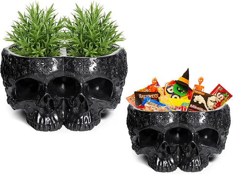 Double Head Skull Halloween Candy Bowl, Planter Pots 4" H Polyresin Spooky Skulls Server Tray