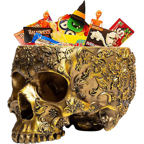 Skull Halloween Candy Bowl, Plant Planter Pot 4" H Polyresin Skulls (Gold)