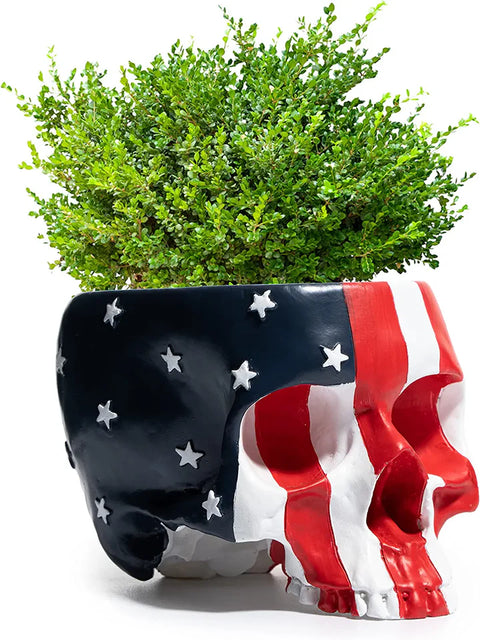 Skeleton Spooky Skull American Flag Plant Planter Pot 6" H