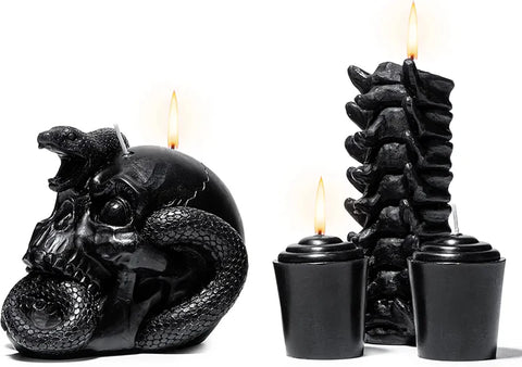 Skull Candles 4 Pack - Halloween Skeleton Snake, Spine & Black Bones Candle