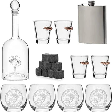 Marine Big Box Wall Decor Murphy: Decanter, 4 Whiskey Glasses, 4 Shot Glasses, Marine Flask - Gifts for Marines