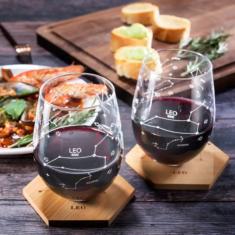 Set of 2 Zodiac Sign Wine Glasses with 2 Wooden Coasters (Leo)