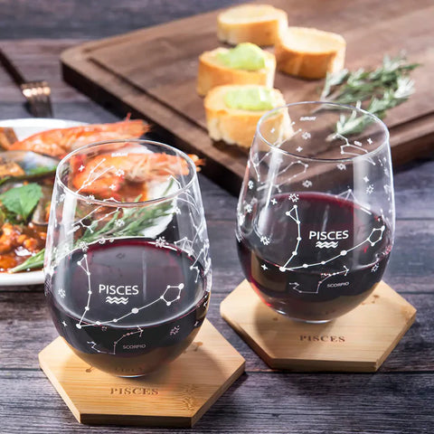 Set of 2 Zodiac Sign Wine Glasses with 2 Wooden Coasters (Pisces)