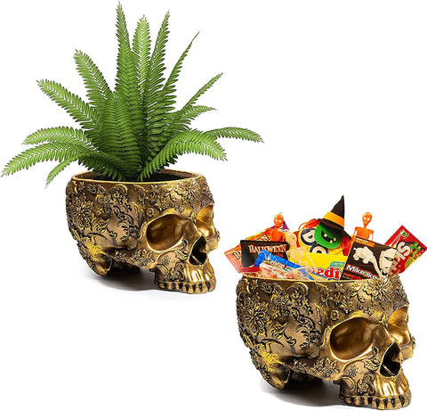 Skull Halloween Candy Bowl, Plant Planter Pot 4" H Polyresin Skulls (Gold)