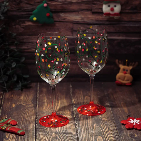 Stemmed Christmas Lights Wine Glasses Set of 2