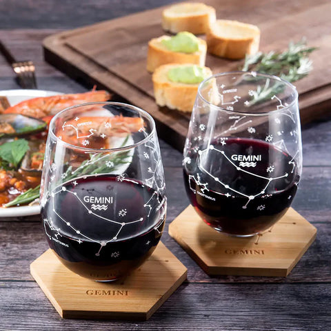 Set of 2 Zodiac Sign Wine Glasses with 2 Wooden Coasters (Gemini)