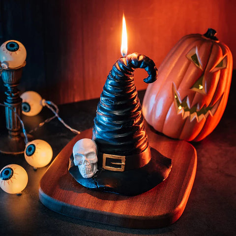 Halloween Decorations - Skeleton Witch & Wizard Hat Candle with Obsidian Crystal