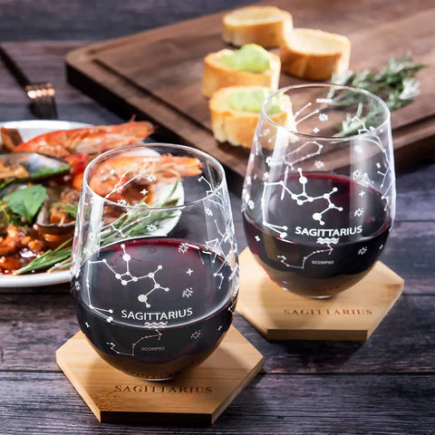 Set of 2 Zodiac Sign Wine Glasses with 2 Wooden Coasters (Sagittarius)