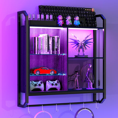 LED Floating Wall Shelf – Adjustable Glass Shelves, Hooks & RGB Lighting for Game Room