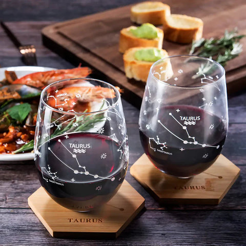 Set of 2 Zodiac Sign Wine Glasses with 2 Wooden Coasters (Taurus)