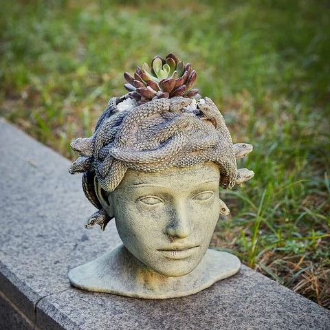 Medusa Head Planter, Large Solid Stone Face Planter