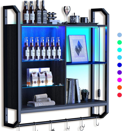 LED Floating Wall Shelf – Adjustable Glass Shelves, Hooks & RGB Lighting for Game Room
