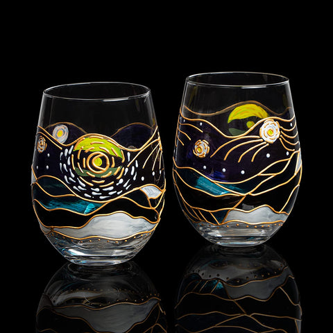 Vincent Van Gogh Wine Glasses Artisanal Hand Painted Stemless Set of 2