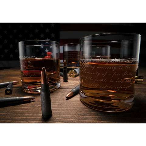 2nd Amendment American Flag Bullet Glasses: .308 Real Solid Copper Projectile, Set of 4 Hand Blown Old Fashioned Whiskey Rocks Glasses with Wood Flag Tray - Patriots' Gun Rights Law & Military Gift Set