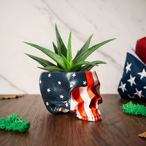 Skeleton Spooky Skull American Flag Plant Planter Pot 6" H