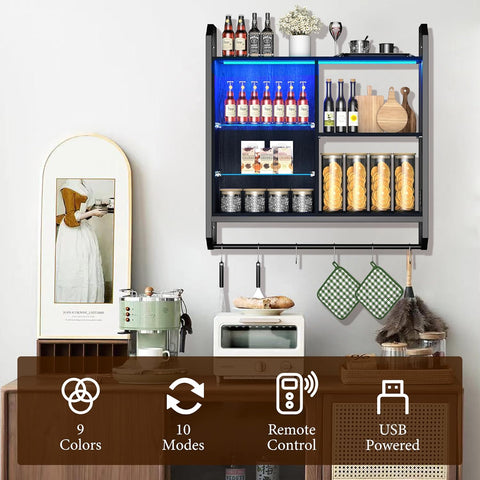 LED Floating Wall Shelf – Adjustable Glass Shelves, Hooks & RGB Lighting for Game Room