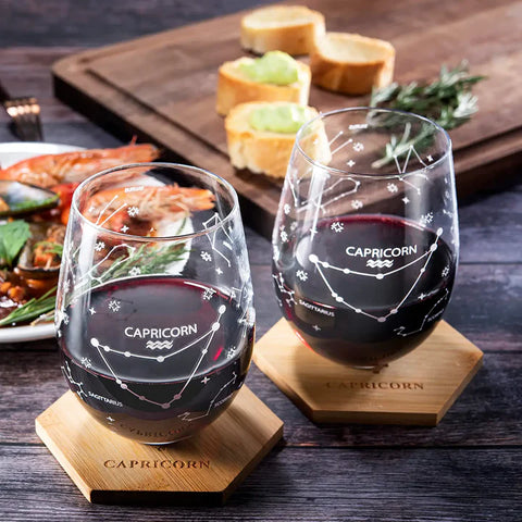 Set of 2 Zodiac Sign Wine Glasses with 2 Wooden Coasters (Capricorn)