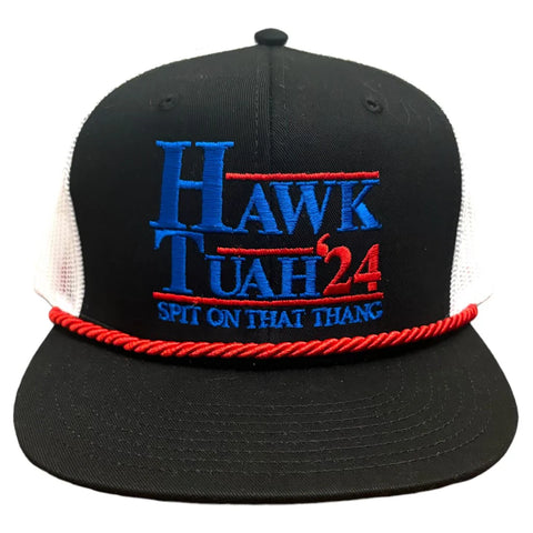 HAWK TUAH 24 - Ordered on a Black and White Mesh Snapback Hat Cap with Red Rope Custom Embroidery