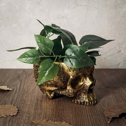 Skull Halloween Candy Bowl, Plant Planter Pot 4" H Polyresin Skulls (Gold)