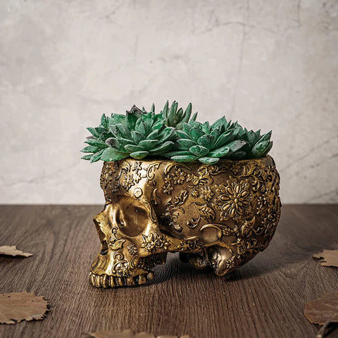 Skull Halloween Candy Bowl, Plant Planter Pot 4" H Polyresin Skulls (Gold)