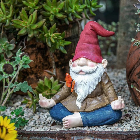 Large Meditating Zen Garden Gnome Statue Figurine - Middle Finger Angry Namaste